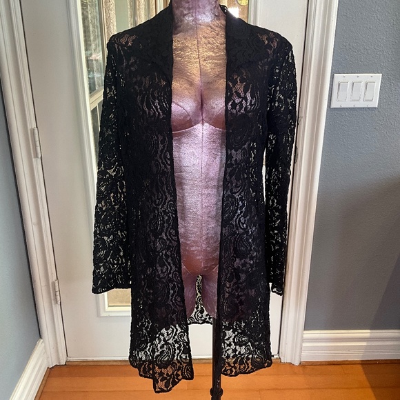 Vintage 90s Joseph Ribkoff Lace Open Front Sweater Topper Bridal Evening Black 8 - Picture 2 of 10